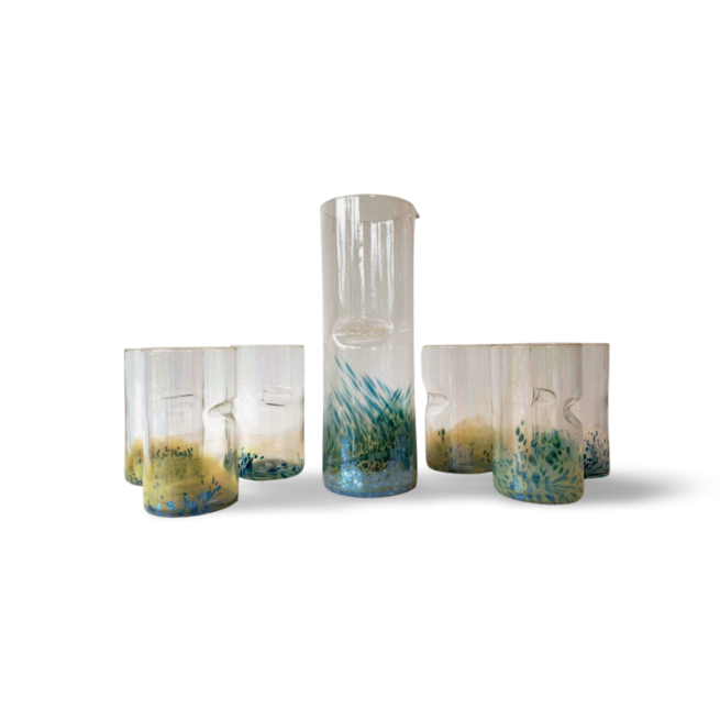 A pitcher and six glasses inspired by the depths of the cosmos by Haley Jelinek